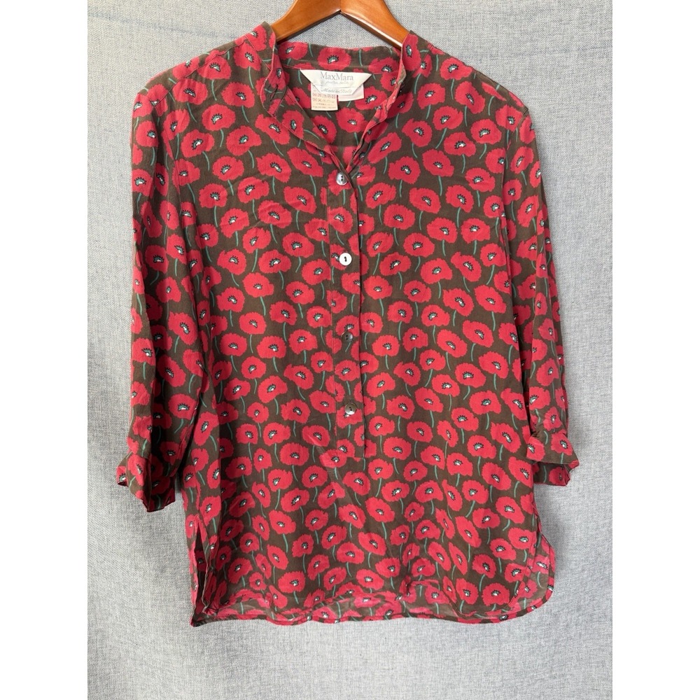 Vintage Max Mara Sz 12 Red Poppy Floral Print Silk Italy 3/4 Button Blouse Top